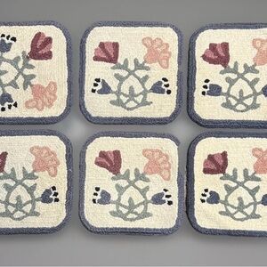 6 Vintage Hooked Rug Chair Seat Pads Blue Cream Flowers